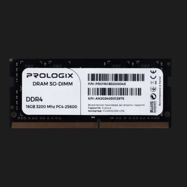 Оперативна памʼять Prologix SO-DIMM DDR4 16GB 1x16GB 3200MHz (PRO16GB3200D4S)