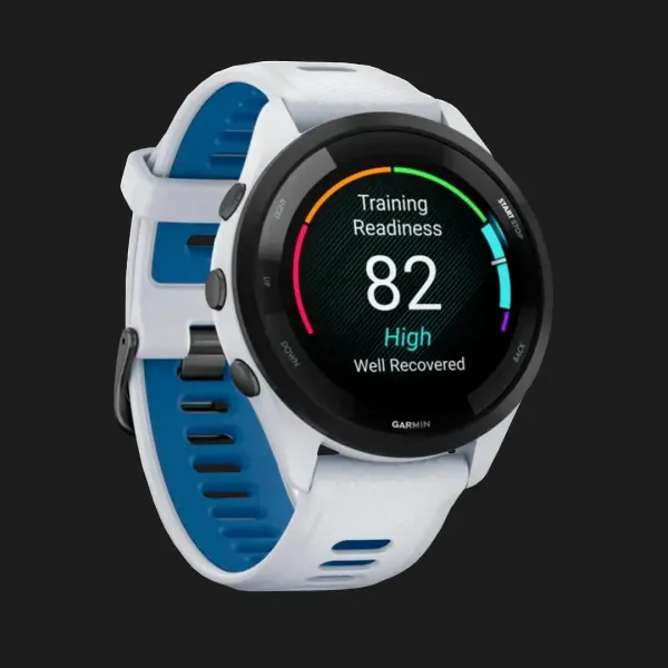 Garmin Forerunner 265 Black Bezel with Whitestone Case and Whitestone/Tidal Blue Silicone Band