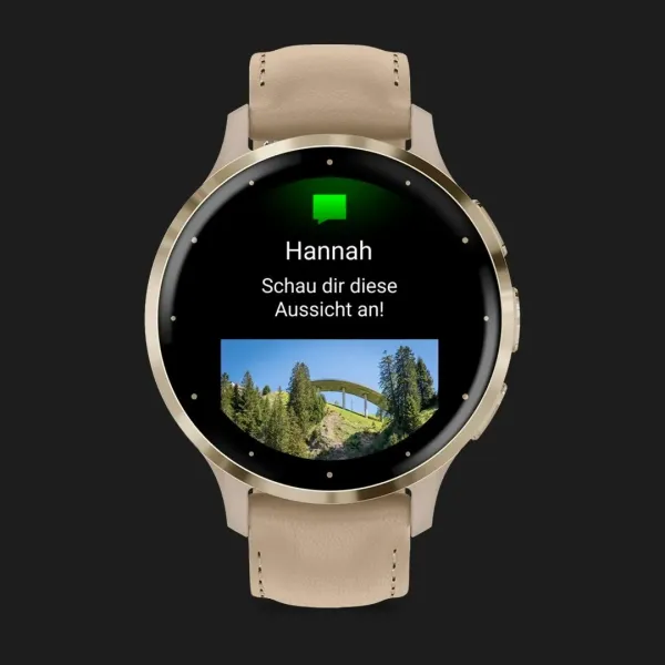 Garmin Venu 3S Soft Gold Stainless Steel Bezel with French Gray Case and Leather Band