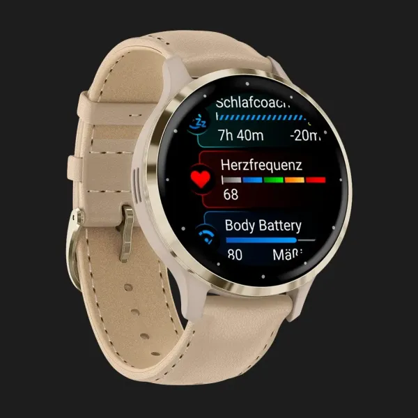 Garmin Venu 3S Soft Gold Stainless Steel Bezel with French Gray Case and Leather Band