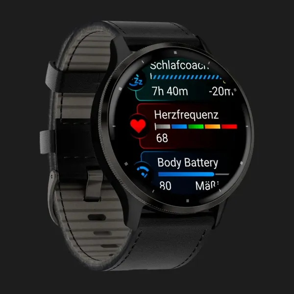 Garmin Venu 3 Slate Stainless Steel Bezel with Black Case and Black Leather Band