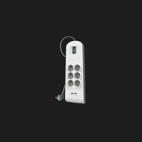 Мережевий фільтр Belkin 6хТип F, 3x1.5мм кв, 16А, 2xUSB-A 2.4A, з захистом від перенапруги,2м (White)