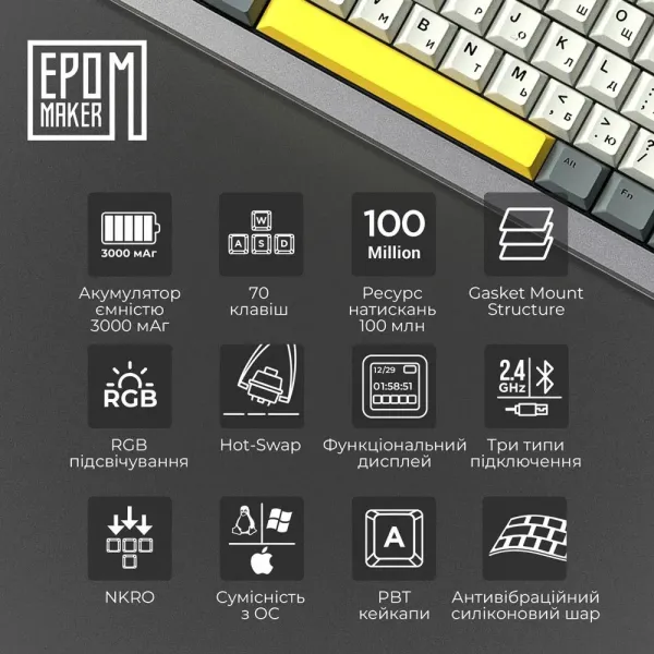 Клавіатура механічна бездротова Epomaker Shadow-X Flamingo (SHX-B-F) (Silver) (UA)